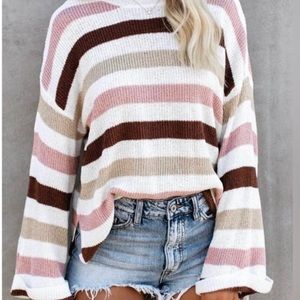 Showa Striped Knit Sweater Rose Pink, White, Khaki, Burnt Red Small NWT